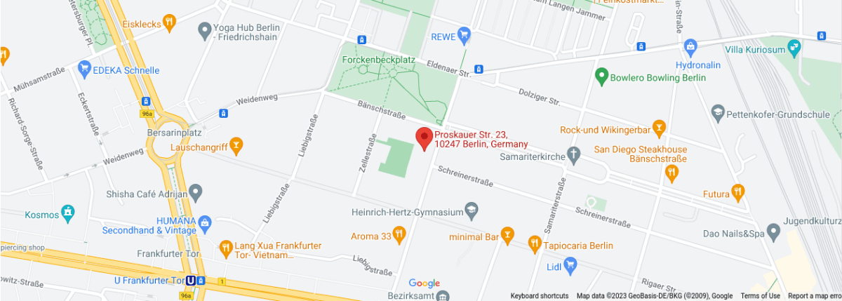 Google Maps - Kartenausschnitt mit Position der Praxis in der Proskauer Straße 23, 10247 Berlin